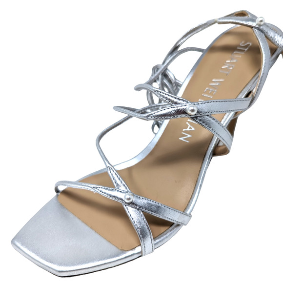 NWT Stuart Weitzman Astrid Silver Leather Ankle Wrap Sandal Pumps Size 10 - Picture 4 of 10